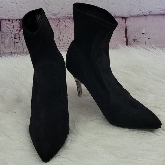 Nina Black Stretch Fabric "Diamond" studded Heel Booties. Size 8 - Picture 3 of 8